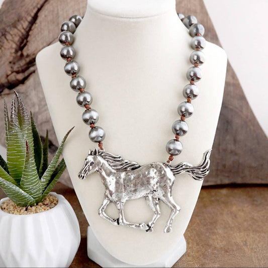 Wild Silver Spirit – Horse Pendant Necklace & Earring Set